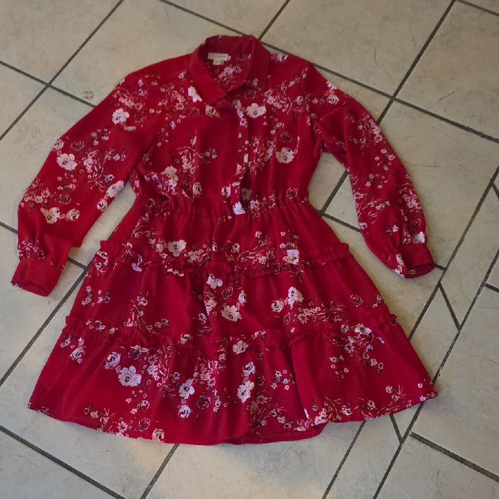 Womens' Red Floral Tiered Long-Sleeve Dress